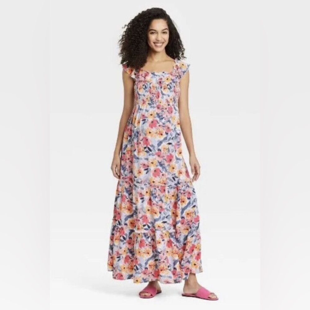 Isabel Maternity Womens Dress Ruffle Short Sleeve Smocked Floral Maxi size M